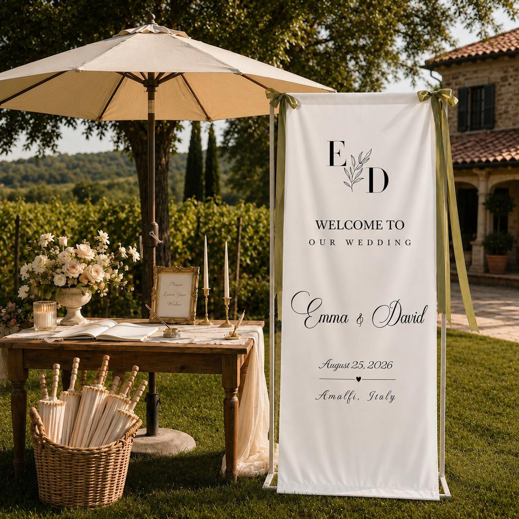 Fabric Wedding Welcome Sign, Personalized Linen Wedding Banner, Custom Name Date Ceremony Sign, Modern Boho Reception Backdrop