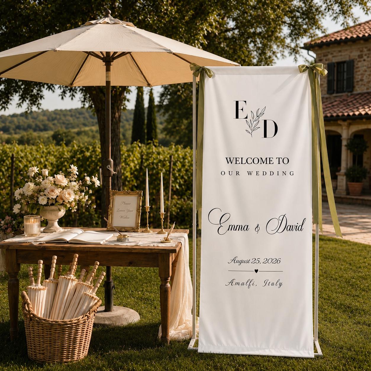 Fabric Wedding Welcome Sign, Personalized Linen Wedding Banner, Custom Name Date Ceremony Sign, Modern Boho Reception Backdrop