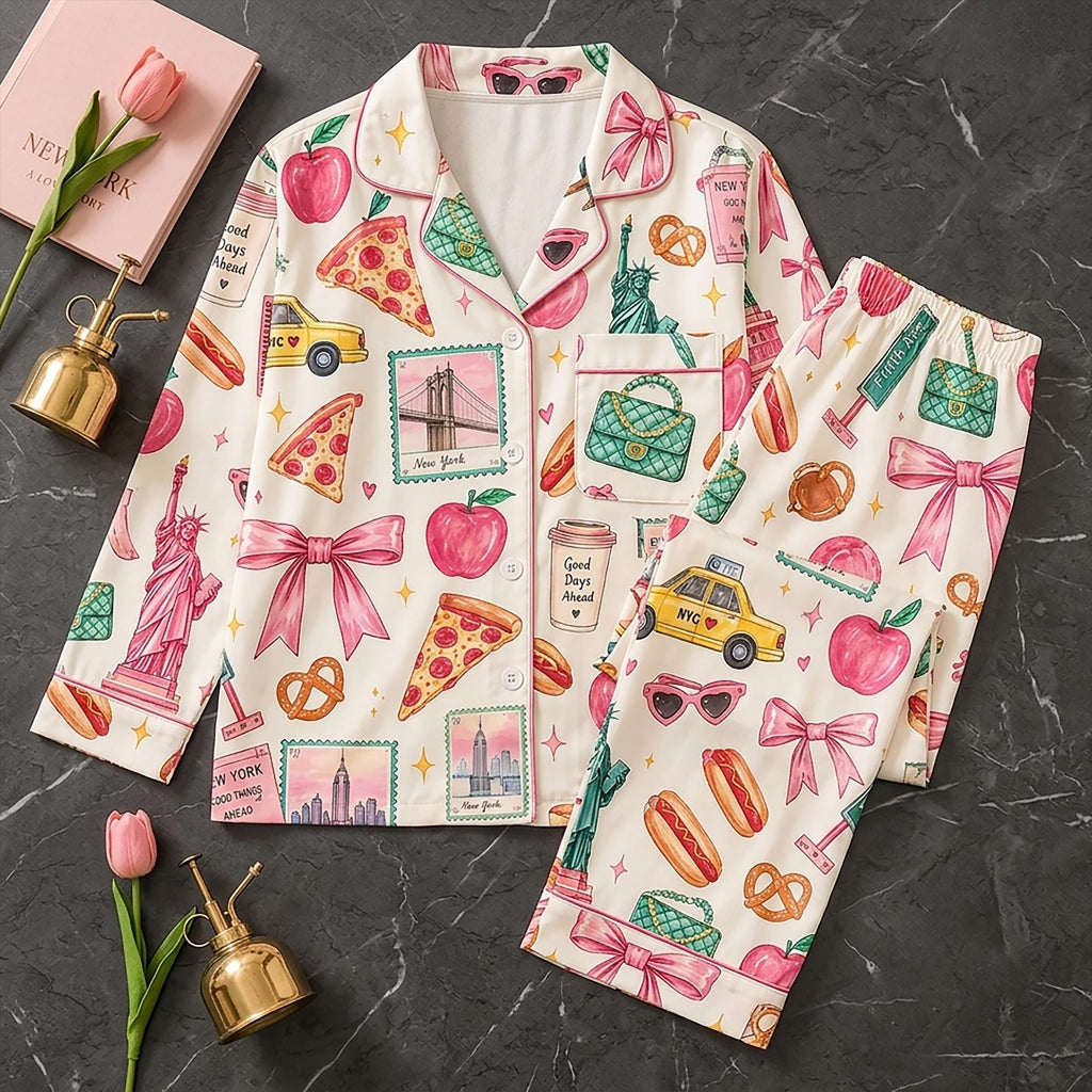 Good Days Ahead New York Pajama Set, Cozy NYC Coquette Bow Satin Sleepwear, Beautiful Travel Gifts For Her Set