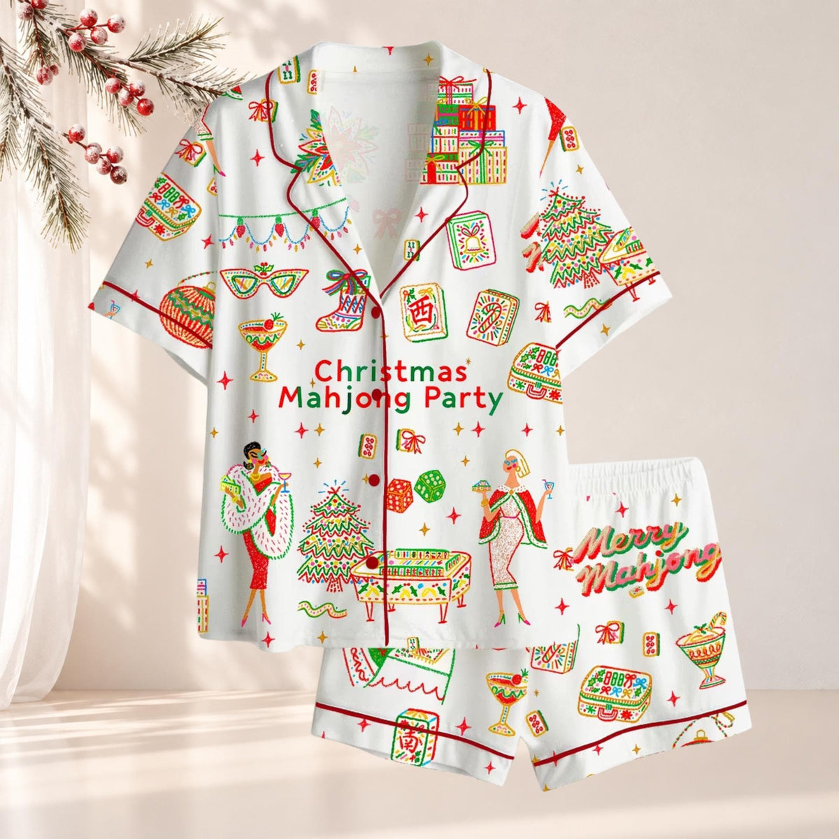 Christmas Mahjong Pajama Set, Holiday Mah Jongg Sleepwear, Mahjong Lover Gift, Game Night PJs