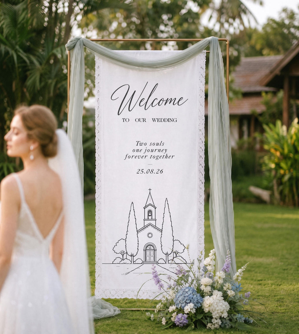 Personalized Marriage Logo Entrance Display | Lace Cotton Linen Wedding Welcome Sign | Boho Hanging Backdrop