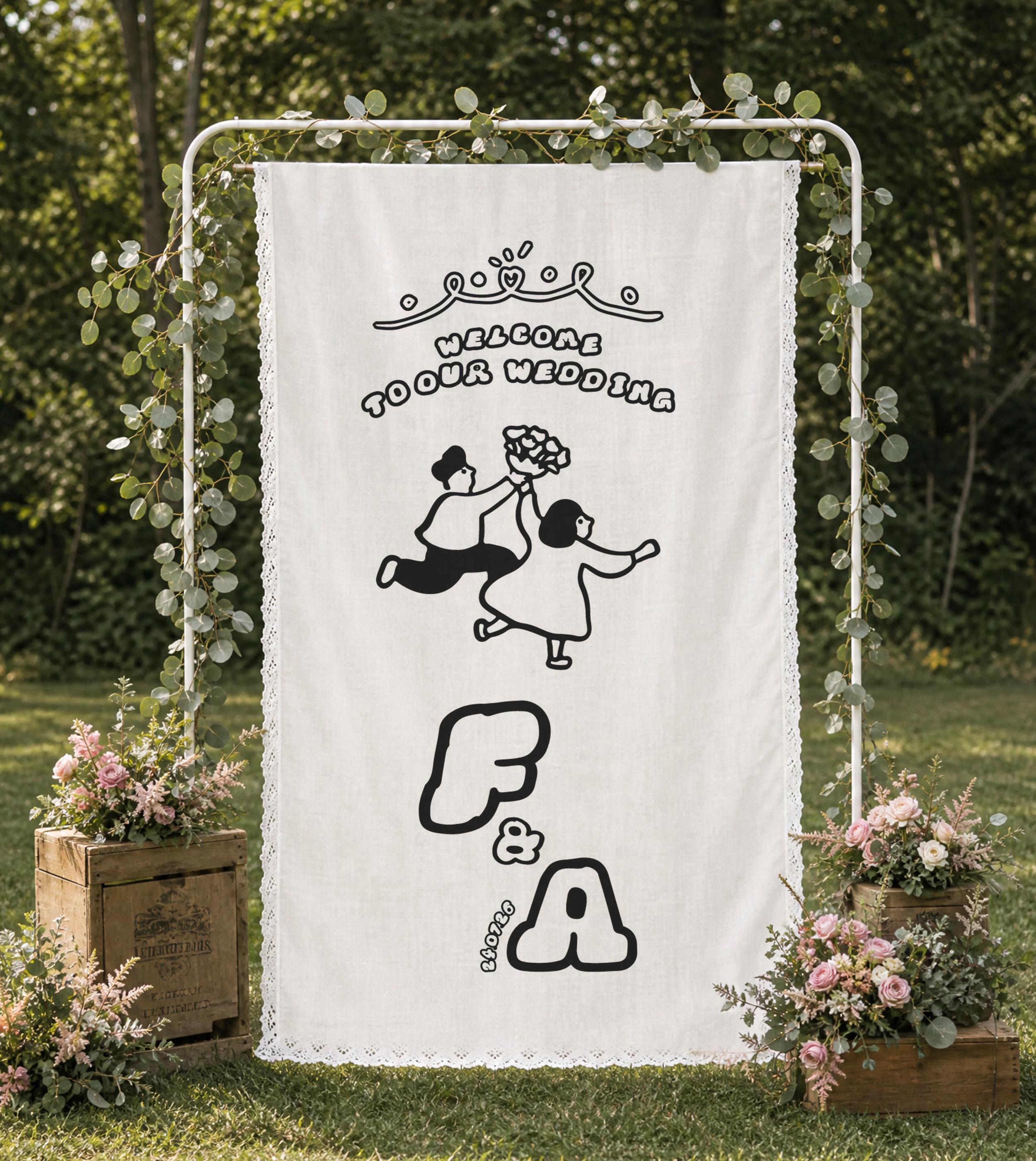 Personalized Marriage Logo Entrance Display | Lace Cotton Linen Wedding Welcome Sign | Boho Hanging Backdrop