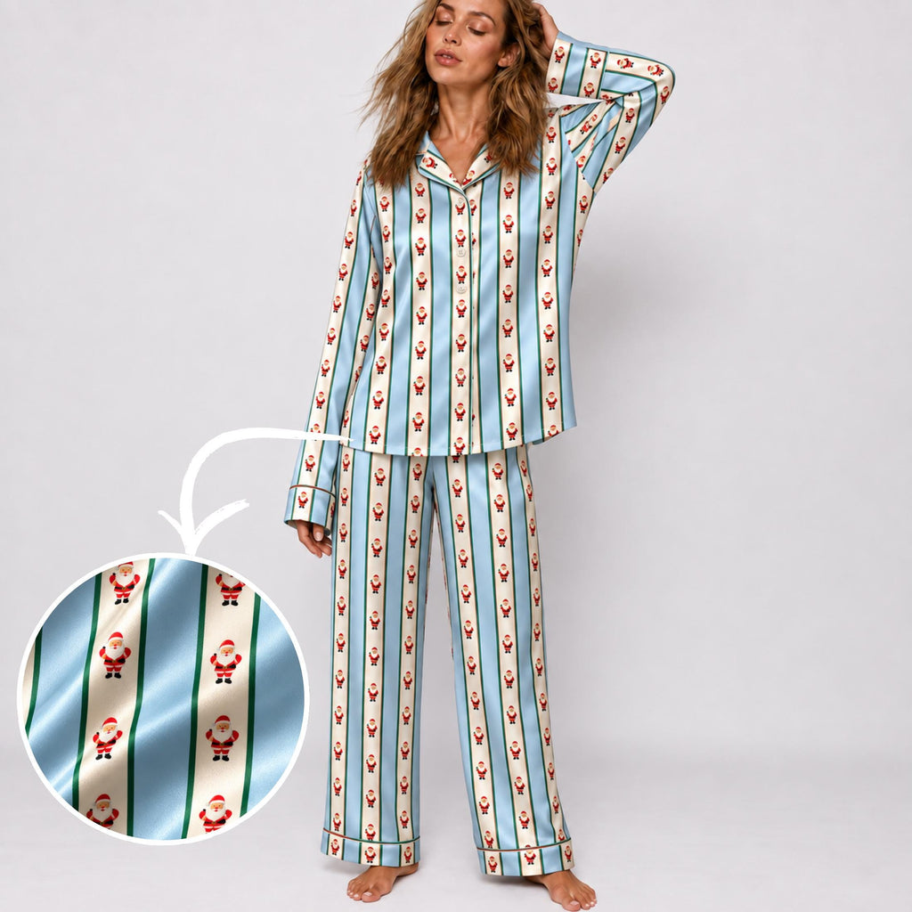 Matching Family Christmas Pajamas, Santa Claus Satin PJs for Adults & Kids, Custom Striped Sleepwear, Family Matching Christmas Pajama Set