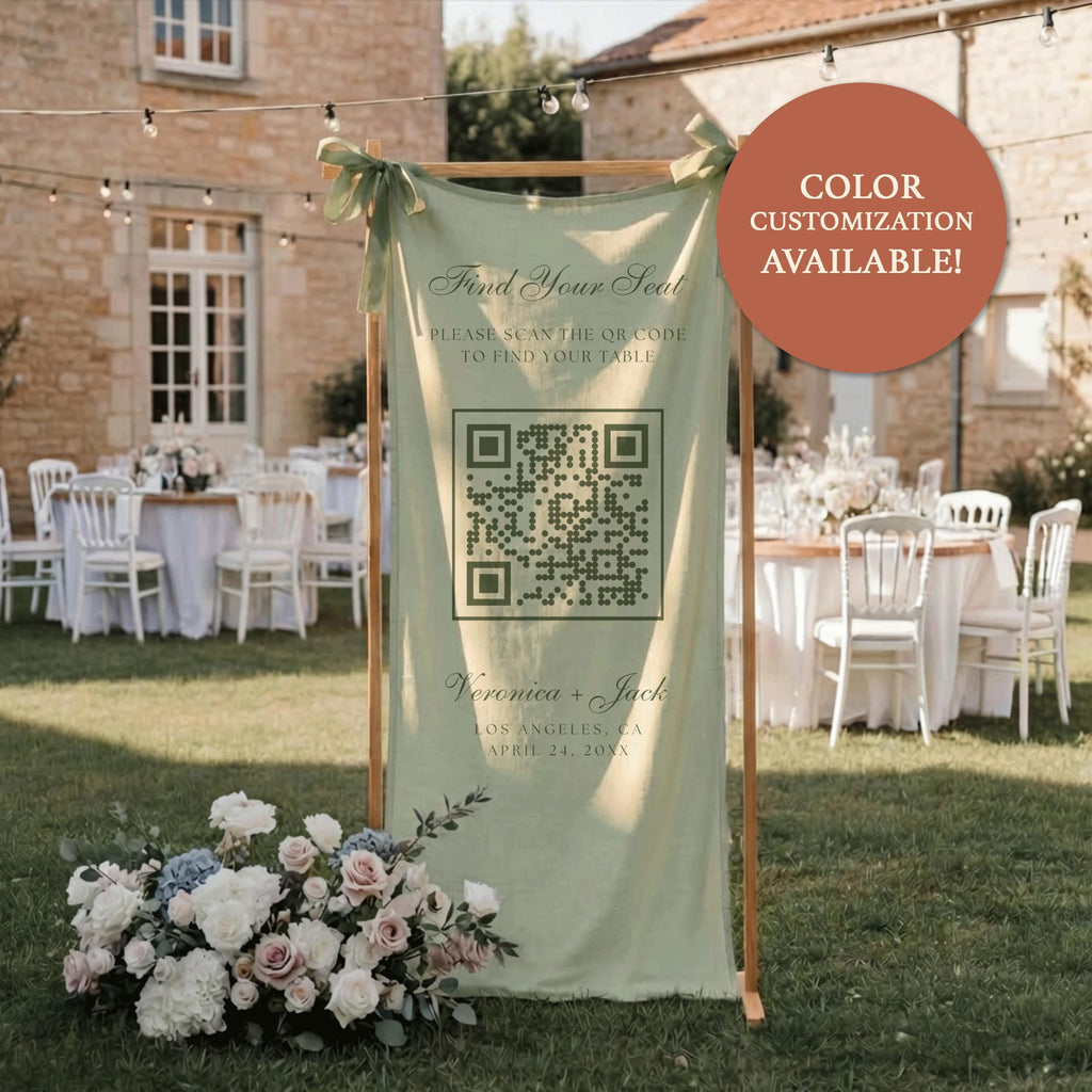 Find Your Seat Linen Wedding Banner, Custom QR Code Wedding Welcome Sign, Seating Chart Fabric Reception Decor, Our Favorite People Tapestry