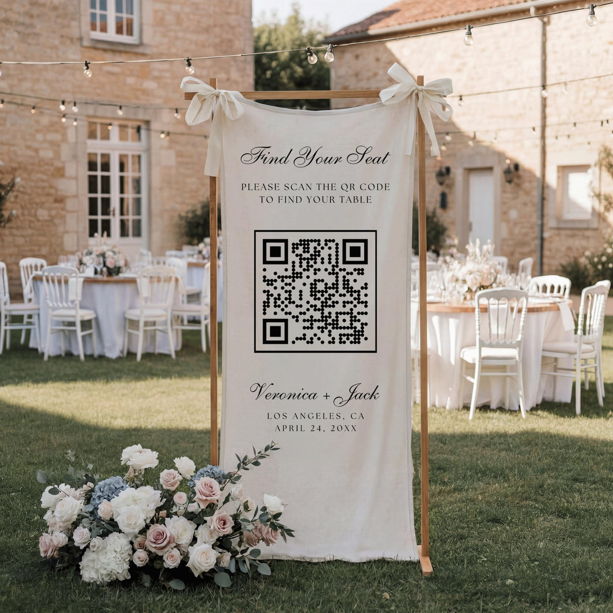 Find Your Seat Linen Wedding Banner, Custom QR Code Wedding Welcome Sign, Seating Chart Fabric Reception Decor, Our Favorite People Tapestry