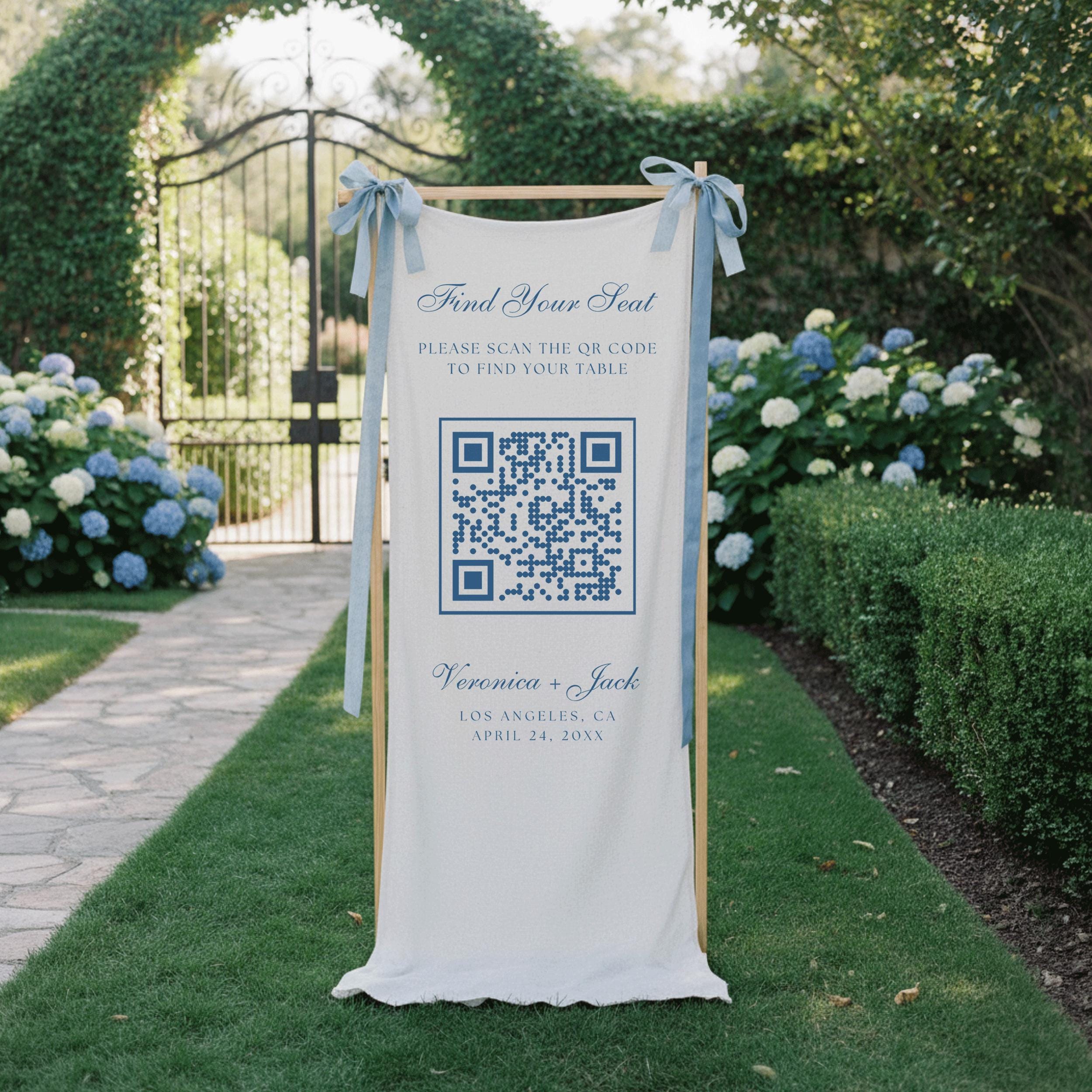 Find Your Seat Linen Wedding Banner, Custom QR Code Wedding Welcome Sign, Seating Chart Fabric Reception Decor, Our Favorite People Tapestry