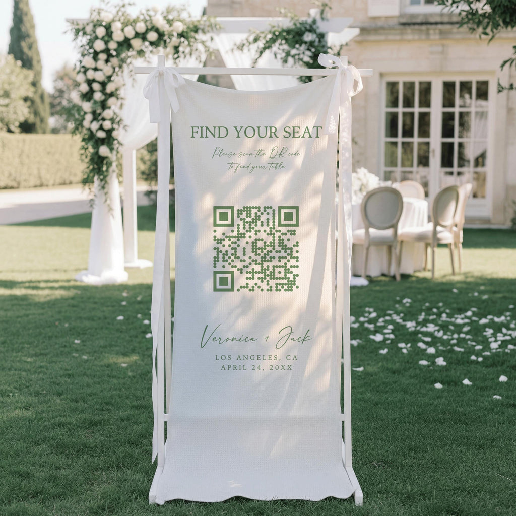 QR Code Seating Chart Wedding Banner, Linen Find Your Seat Welcome Sign, Custom Fabric Reception Table Decor, Wedding Guest List Tapestry