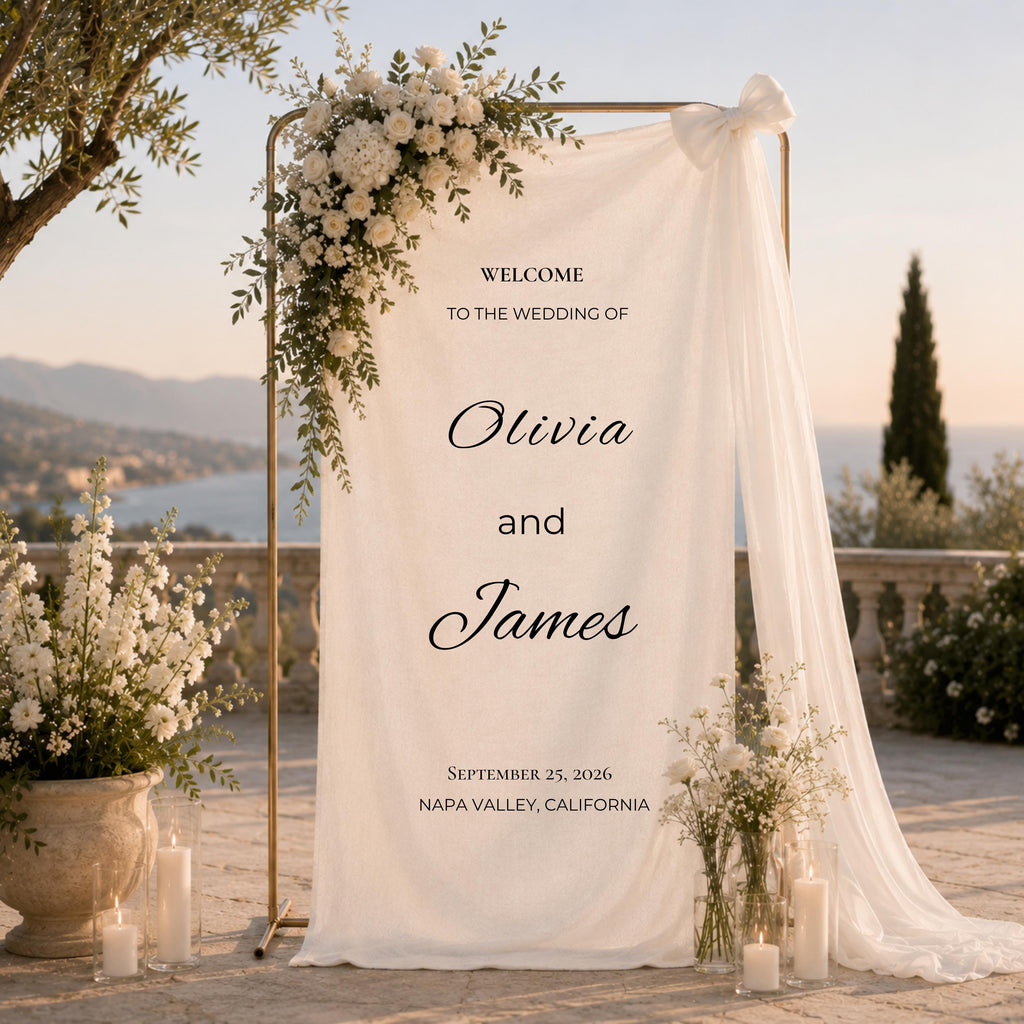 Personalized Wedding Welcome Sign, Custom Linen Wedding Banner, Name & Date Ceremony Sign, Elegant Wedding Entrance Decor