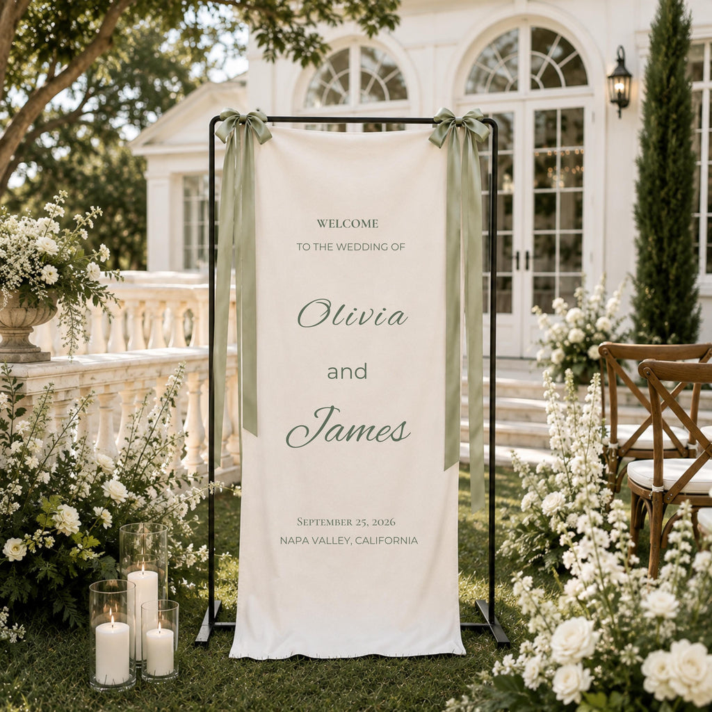 Personalized Wedding Welcome Sign, Custom Linen Wedding Banner, Name & Date Ceremony Sign, Elegant Wedding Entrance Decor