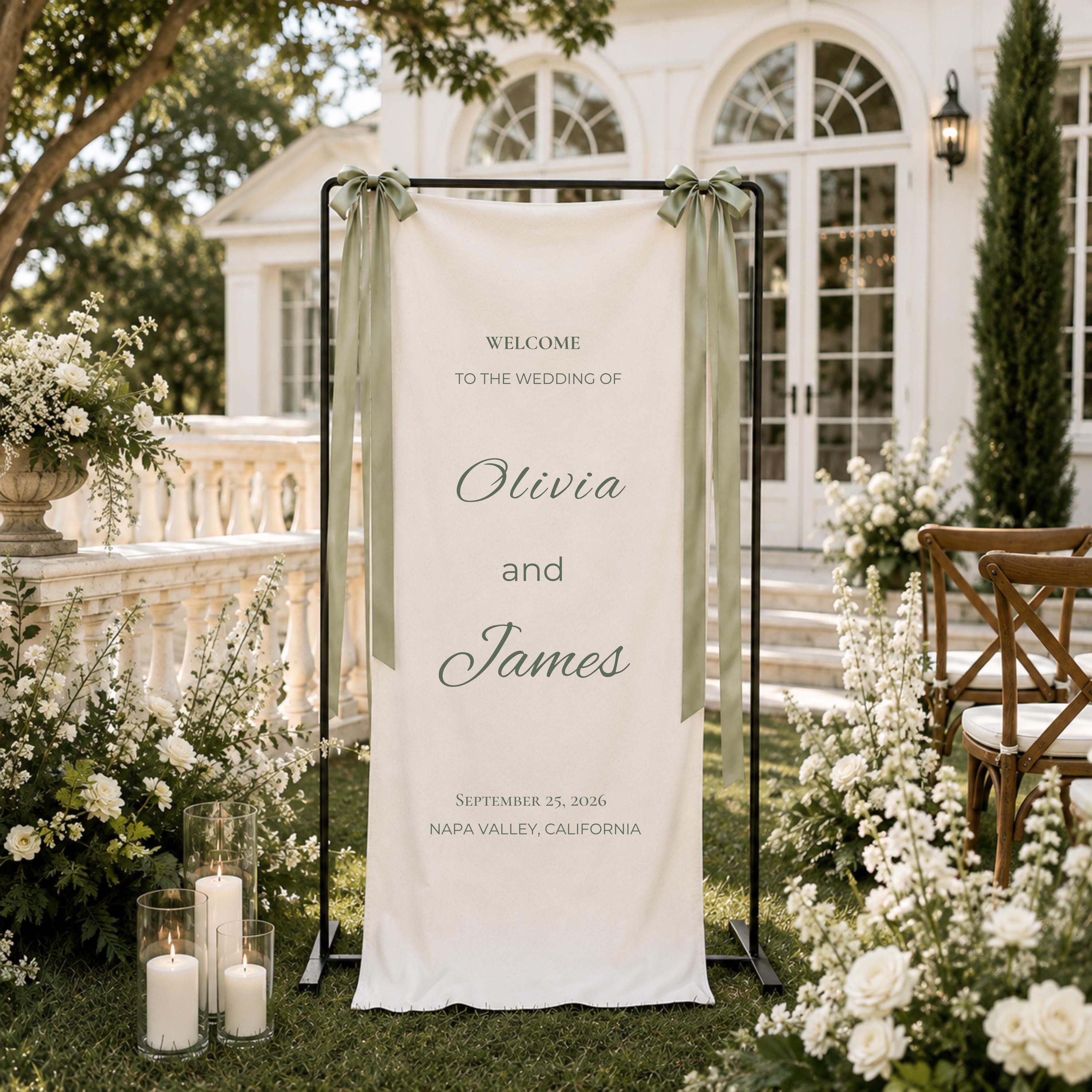 Personalized Wedding Welcome Sign, Custom Linen Wedding Banner, Name & Date Ceremony Sign, Elegant Wedding Entrance Decor