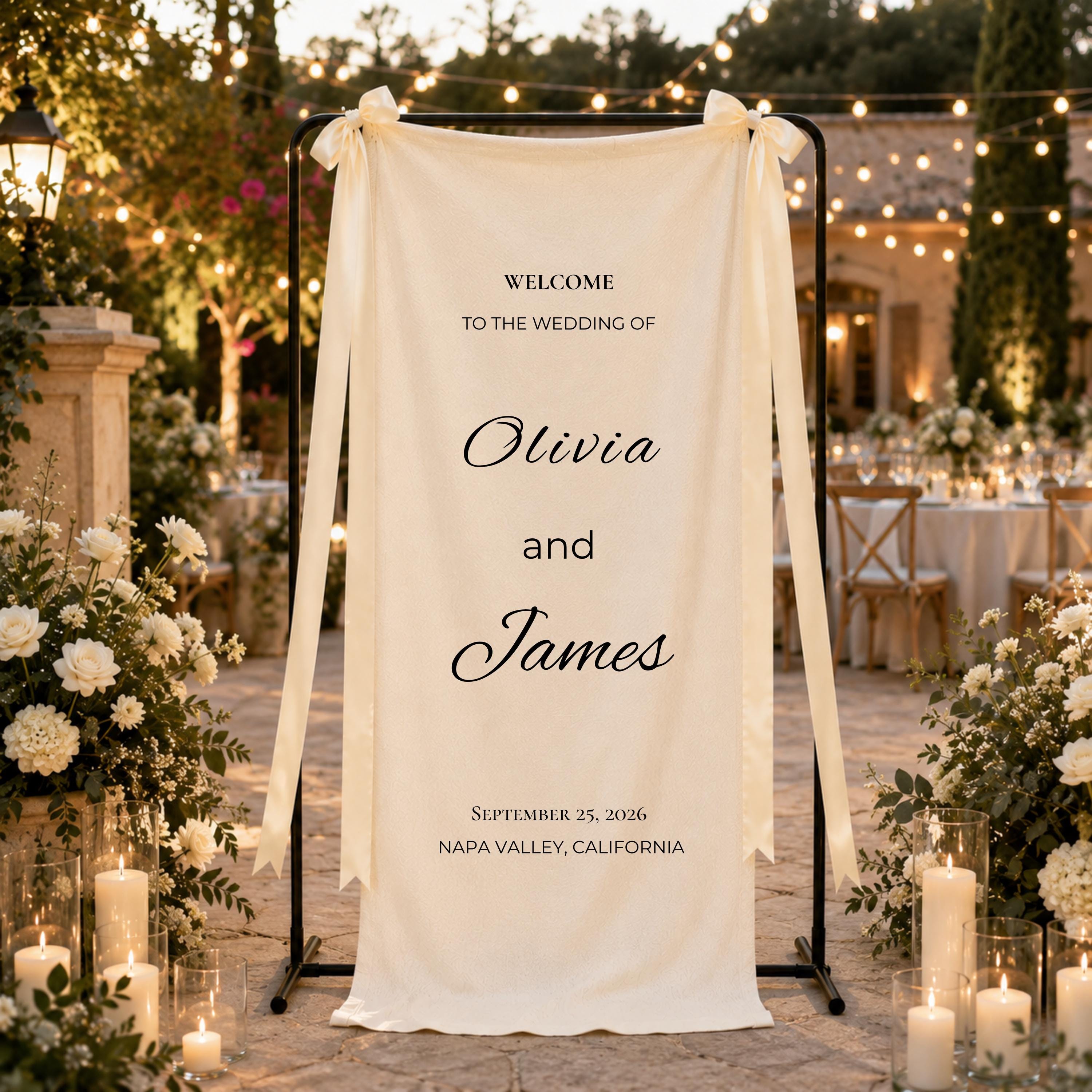 Personalized Wedding Welcome Sign, Custom Linen Wedding Banner, Name & Date Ceremony Sign, Elegant Wedding Entrance Decor