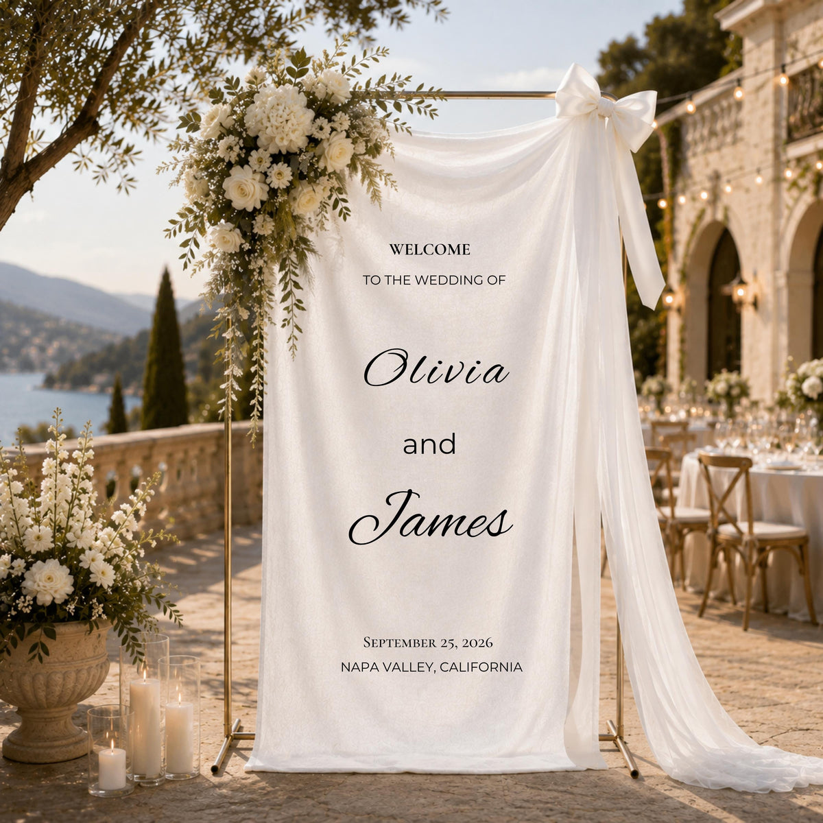 Personalized Wedding Welcome Sign, Custom Linen Wedding Banner, Name & Date Ceremony Sign, Elegant Wedding Entrance Decor