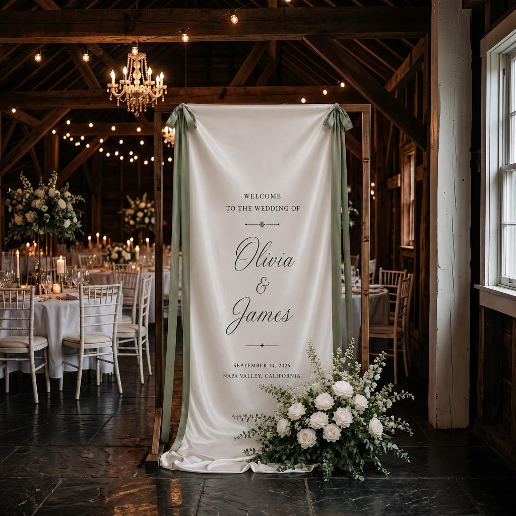 Personalized Silk Satin Wedding Welcome Sign – Romantic Fabric Banner