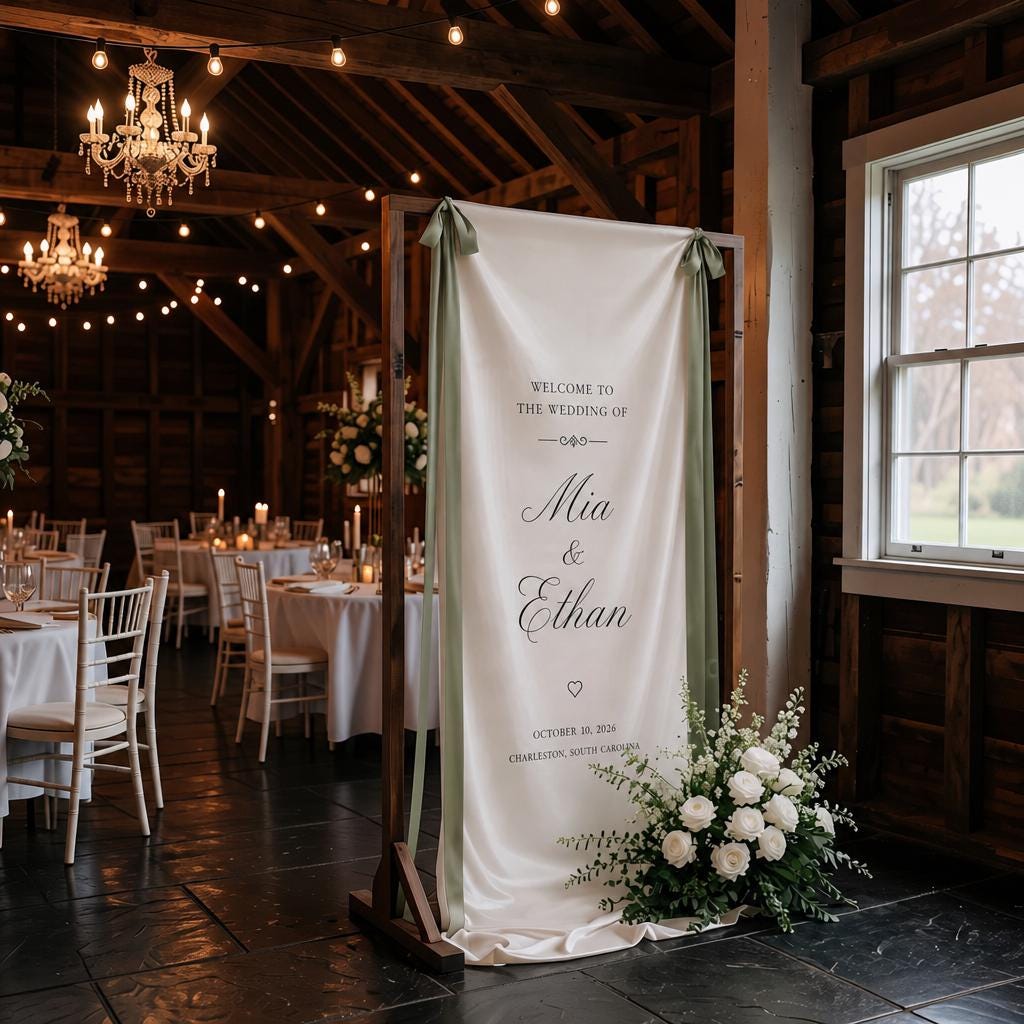 Personalized Silk Satin Wedding Welcome Sign – Romantic Fabric Banner