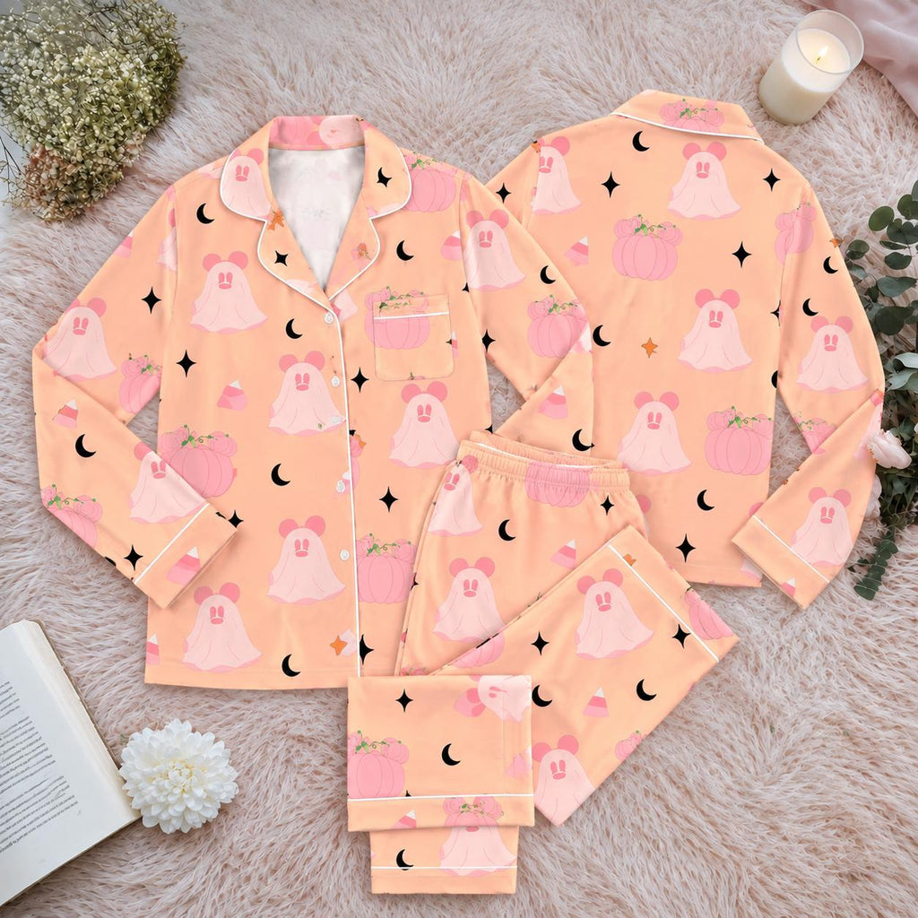 Pink Ghost Pumpkin Pajama Set, Cute Halloween Sleepwear, Pastel Spooky Fall Pajamas, Halloween Matching PJs Disney