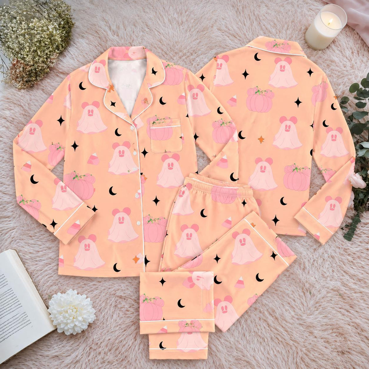 Pink Ghost Pumpkin Pajama Set, Cute Halloween Sleepwear, Pastel Spooky Fall Pajamas, Halloween Matching PJs Disney