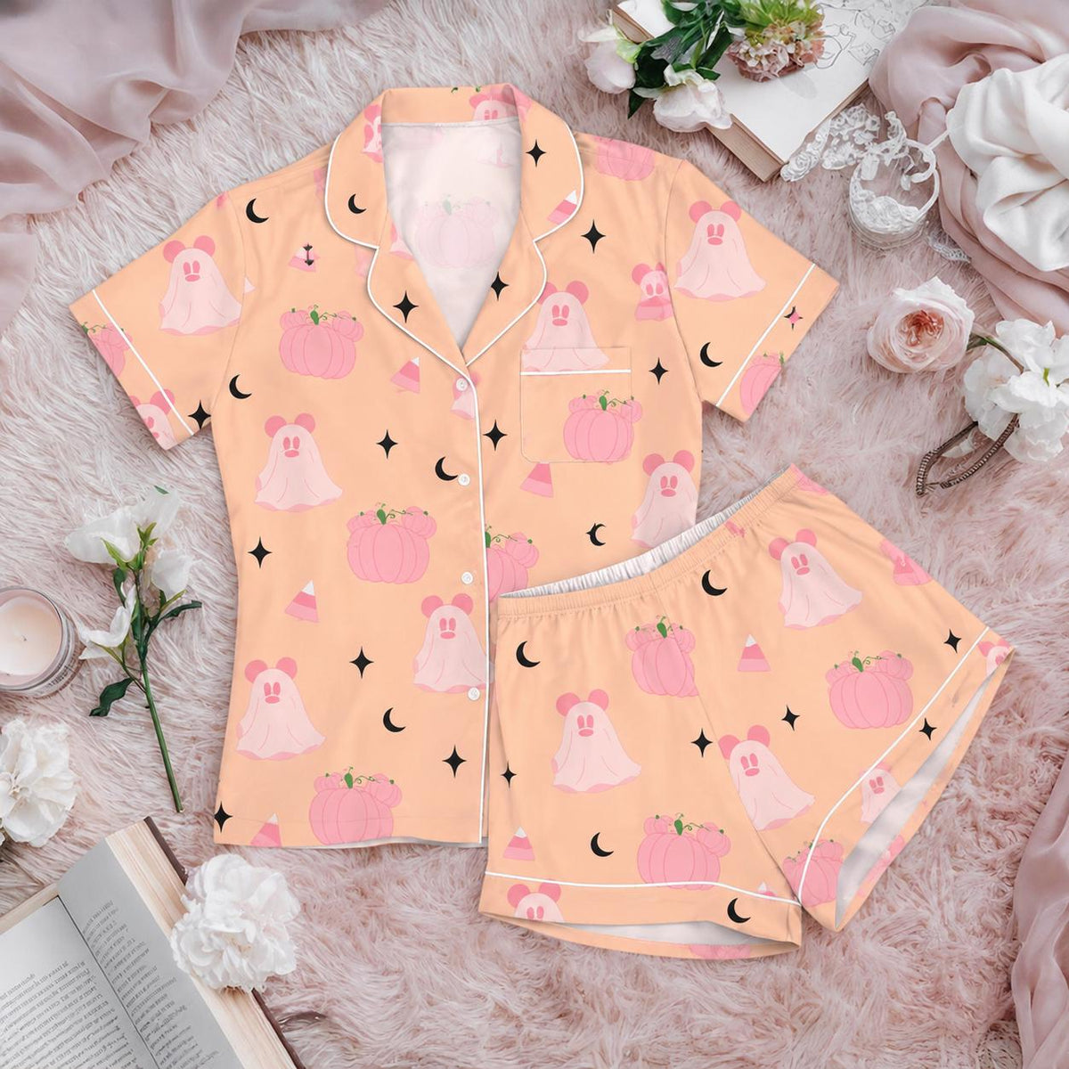 Pink Ghost Pumpkin Pajama Set, Cute Halloween Sleepwear, Pastel Spooky Fall Pajamas, Halloween Matching PJs Disney