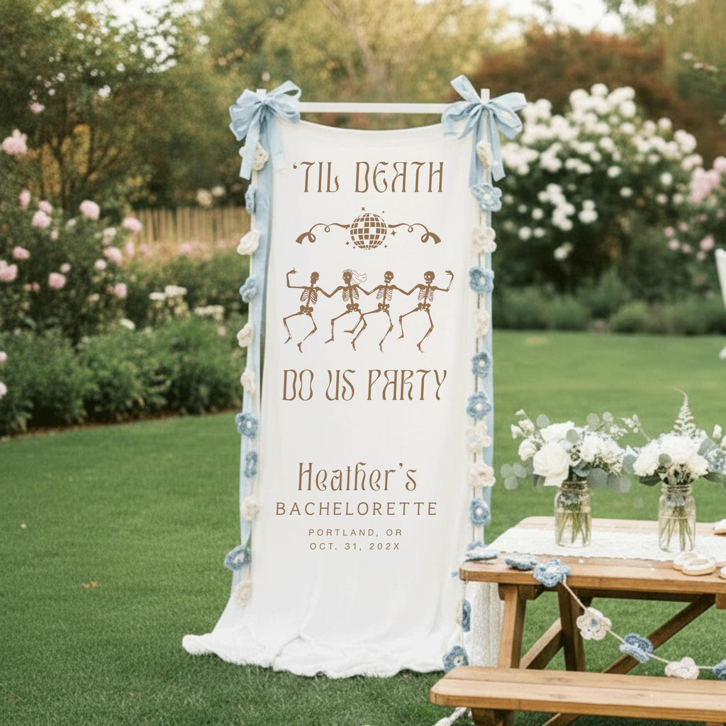 Til Death Do Us Party Linen Bridal Shower Banner, Halloween Bachelorette Party Vertical Welcome Sign, Gothic Fall Fabric Engagement Decor