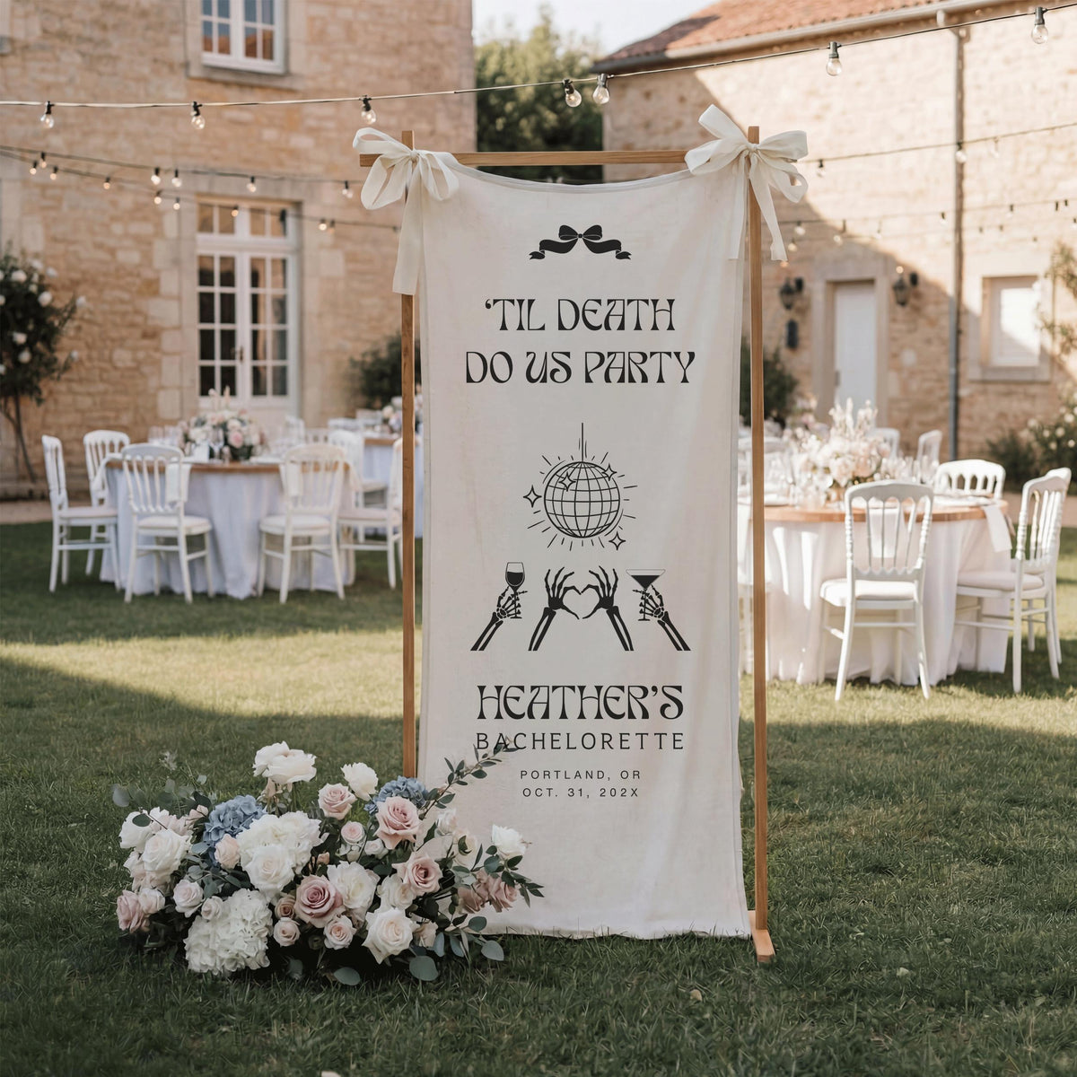 Til Death Do Us Party Linen Bridal Shower Banner, Halloween Bachelorette Party Vertical Welcome Sign, Gothic Fall Fabric Engagement Decor