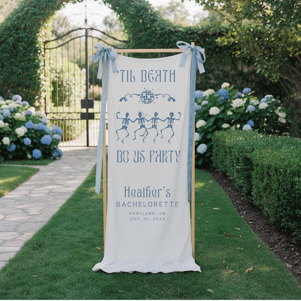 Til Death Do Us Party Linen Bridal Shower Banner, Halloween Bachelorette Party Vertical Welcome Sign, Gothic Fall Fabric Engagement Decor