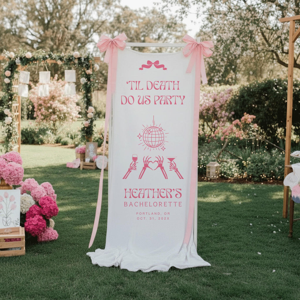 Til Death Do Us Party Linen Bridal Shower Banner, Halloween Bachelorette Party Vertical Welcome Sign, Gothic Fall Fabric Engagement Decor