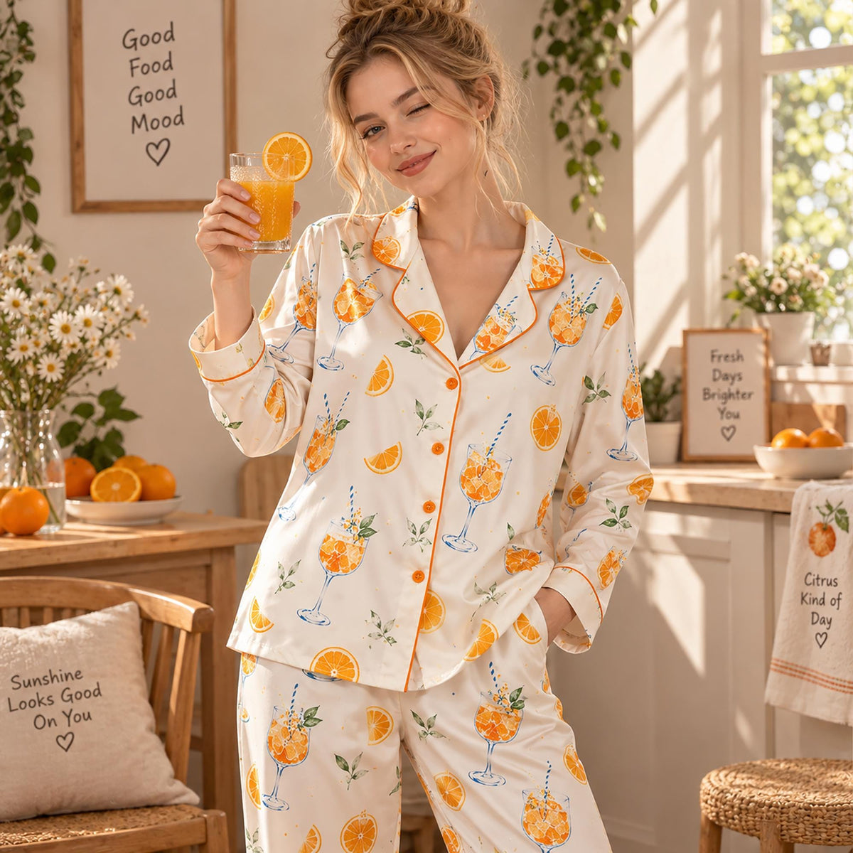 Spritz Cocktail Pajama Set, Orange Citrus Print Sleepwear, Summer Bachelorette Gift