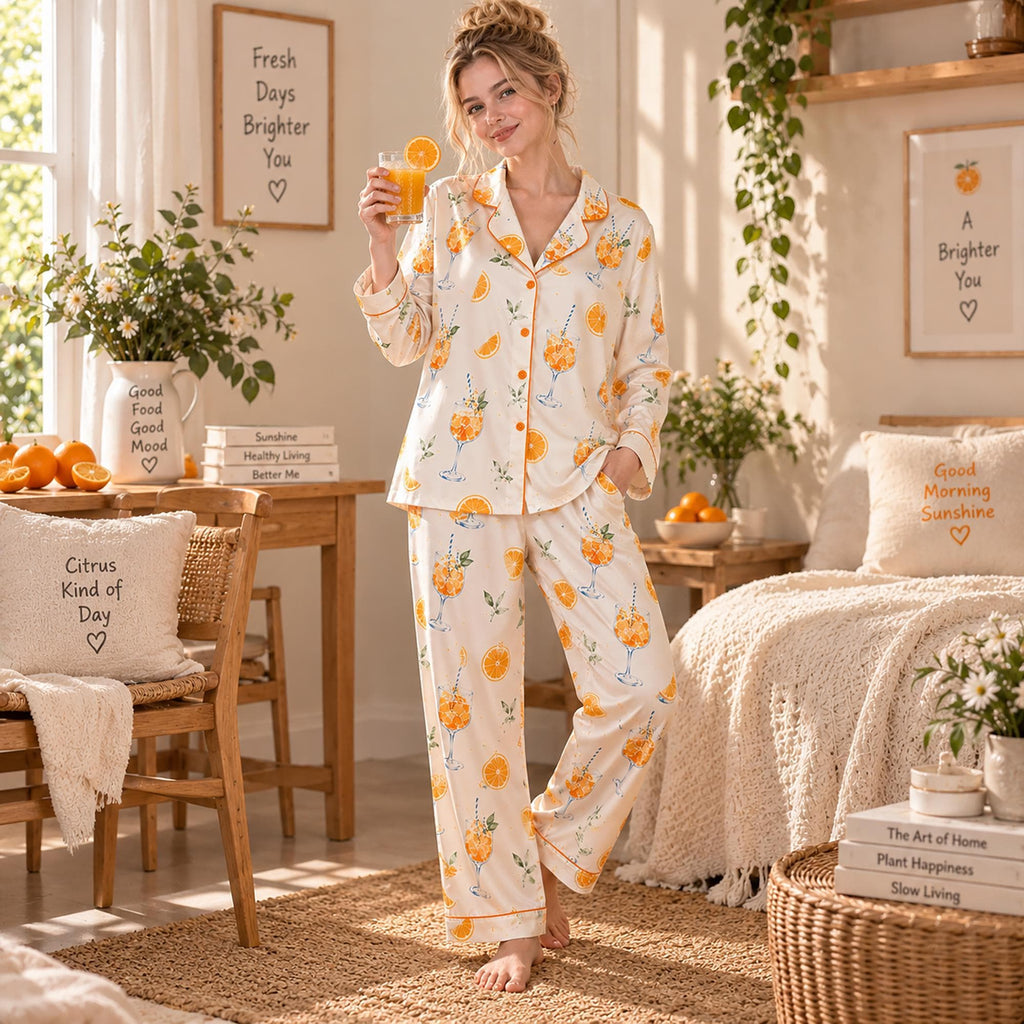 Spritz Cocktail Pajama Set, Orange Citrus Print Sleepwear, Summer Bachelorette Gift