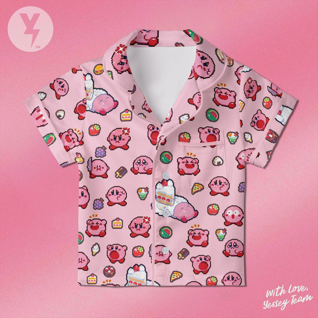 Kirby Pixel Art Pajamas Satin, Nintendo Character Sleepwear, Family Matching Pajamas, Kids Birthday Gift, Cute Gamer Present