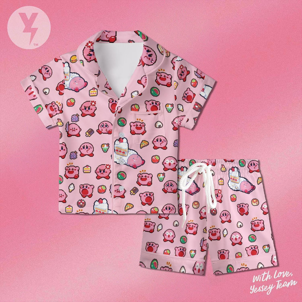 Kirby Pixel Art Pajamas Satin, Nintendo Character Sleepwear, Family Matching Pajamas, Kids Birthday Gift, Cute Gamer Present