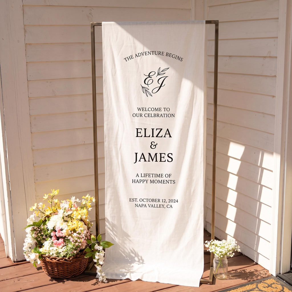 Personalized Linen Wedding Welcome Sign, Custom Fabric Wedding Banner, Modern Wedding Welcome Sign, Boho Ceremony Decor,Outdoor Wedding Sign