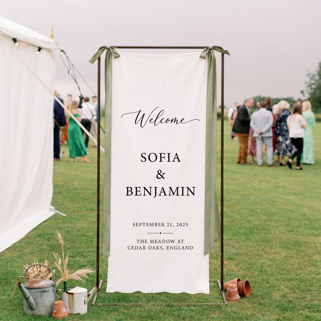 Personalized Linen Wedding Welcome Sign, Custom Fabric Wedding Banner, Modern Wedding Welcome Sign, Boho Ceremony Decor,Outdoor Wedding Sign