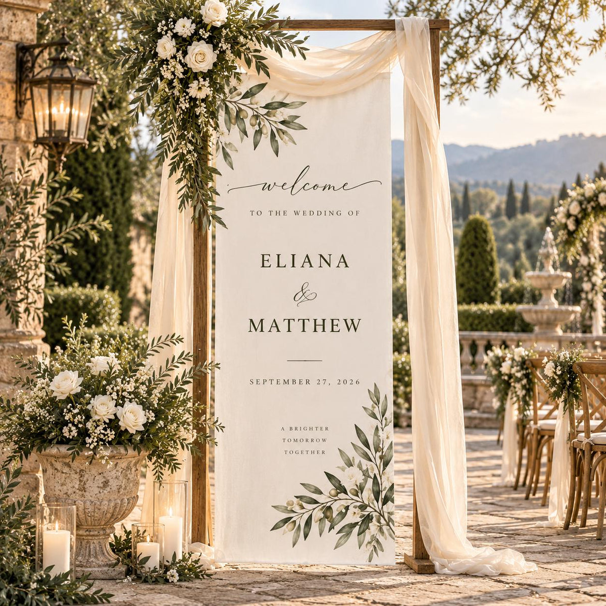 Olive Branch Wedding Welcome Banner, Personalized Fabric Sign, White Floral Greenery Decor, Custom Names and Date, Outdoor Ceremony Backdrop