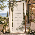 Olive Branch Wedding Welcome Banner, Personalized Fabric Sign, White Floral Greenery Decor, Custom Names and Date, Outdoor Ceremony Backdrop