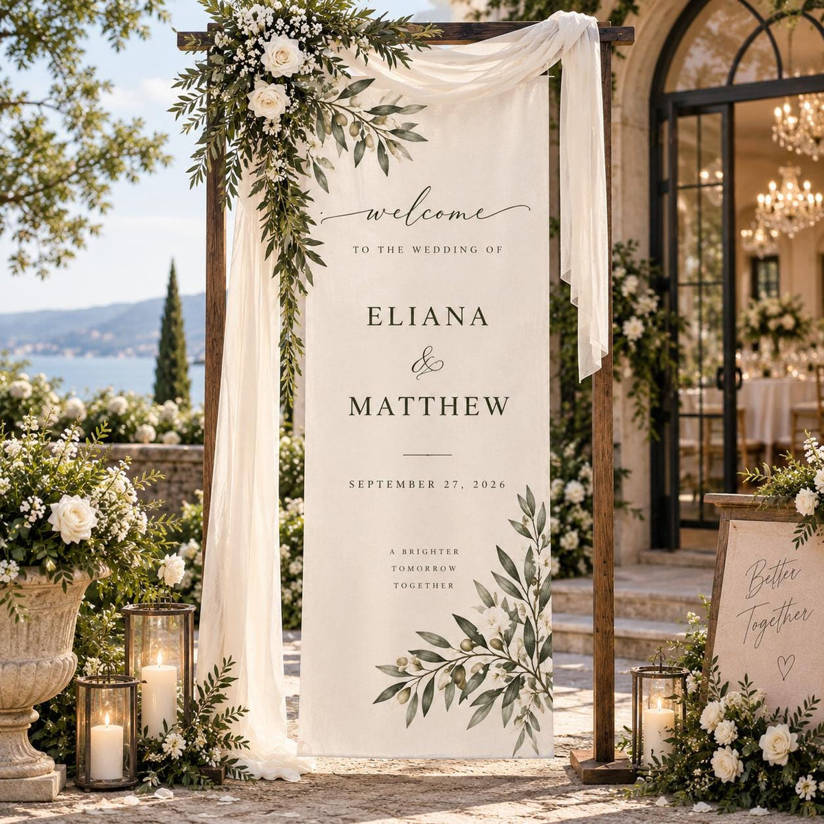 Olive Branch Wedding Welcome Banner, Personalized Fabric Sign, White Floral Greenery Decor, Custom Names and Date, Outdoor Ceremony Backdrop