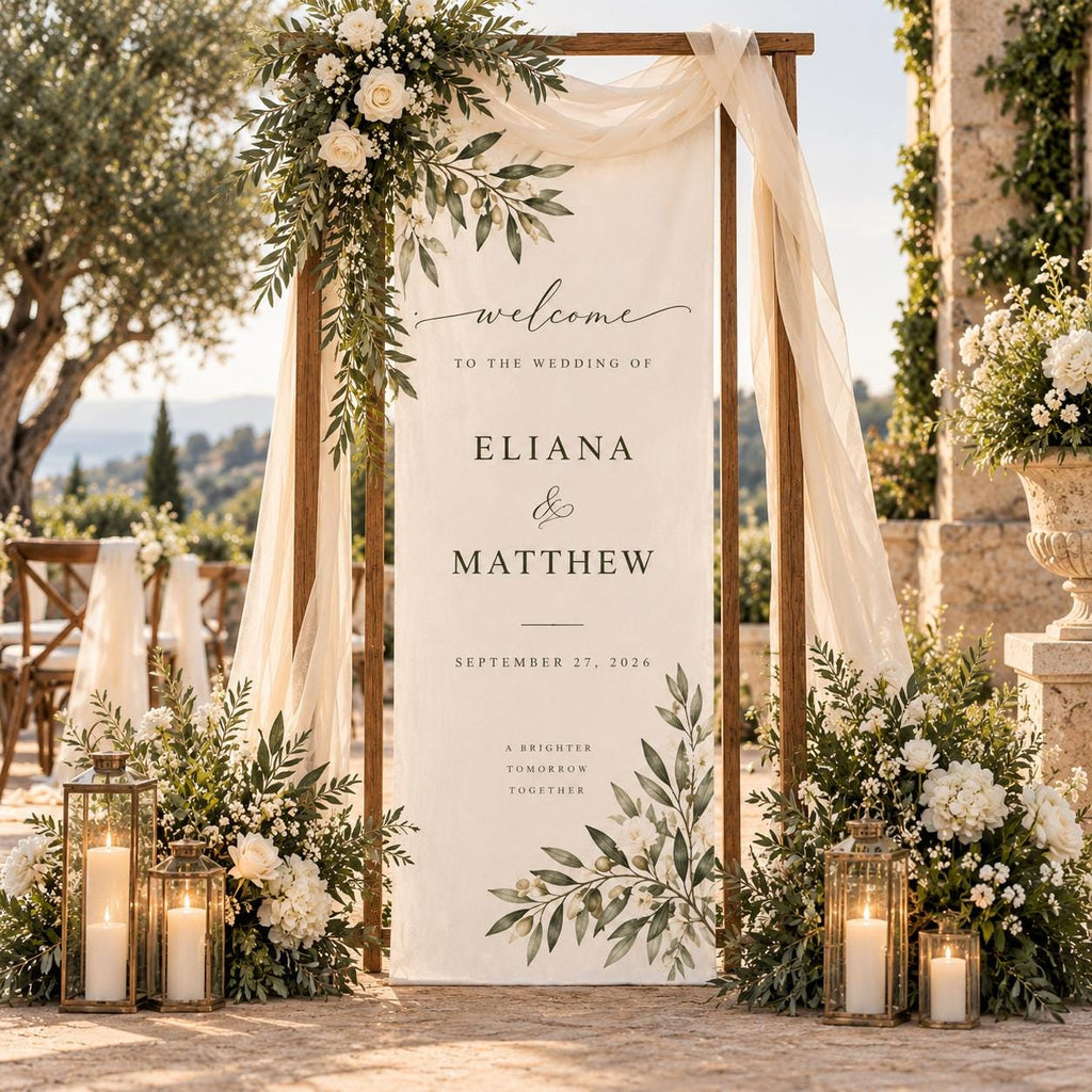 Olive Branch Wedding Welcome Banner, Personalized Fabric Sign, White Floral Greenery Decor, Custom Names and Date, Outdoor Ceremony Backdrop