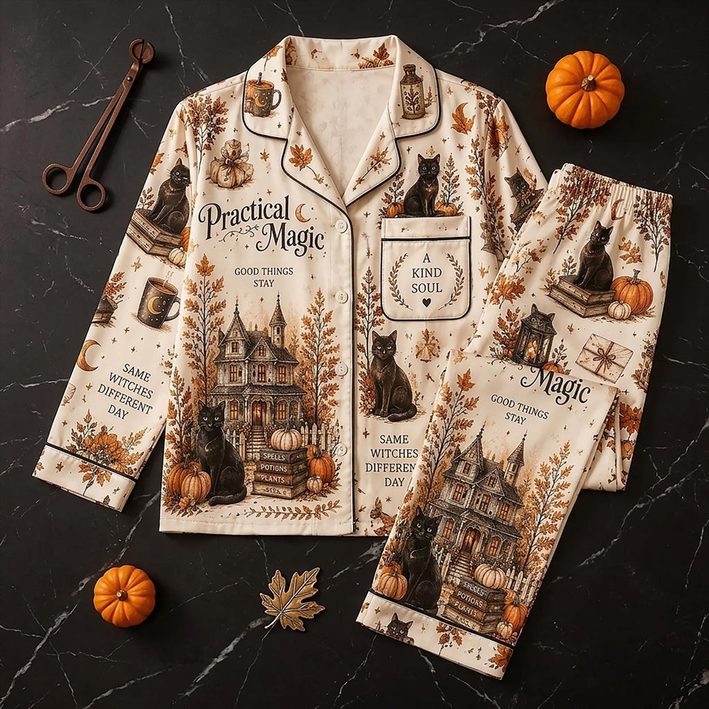 Practical Magic Pajamas Set, Cozy Spooky Season Whimsigoth Sleepwear, Beautiful Spooky Season Gift For Her Set
