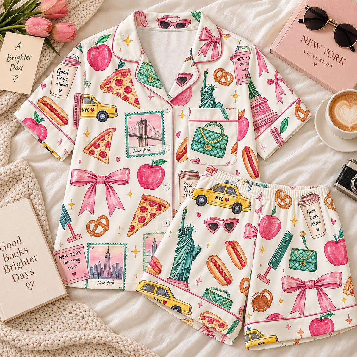 Good Days Ahead New York Pajama Set, Cozy NYC Coquette Bow Satin Sleepwear, Beautiful Travel Gifts For Her Set