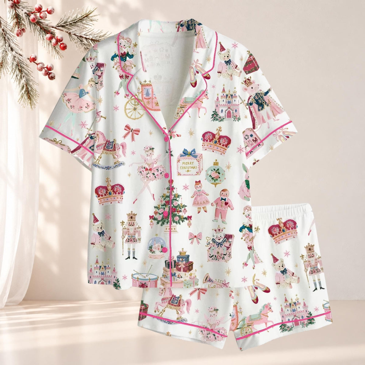 Nutcracker Christmas Pajama Set, Pink Ballet Holiday Sleepwear, Sugar Plum Fairy PJs, Christmas Gift