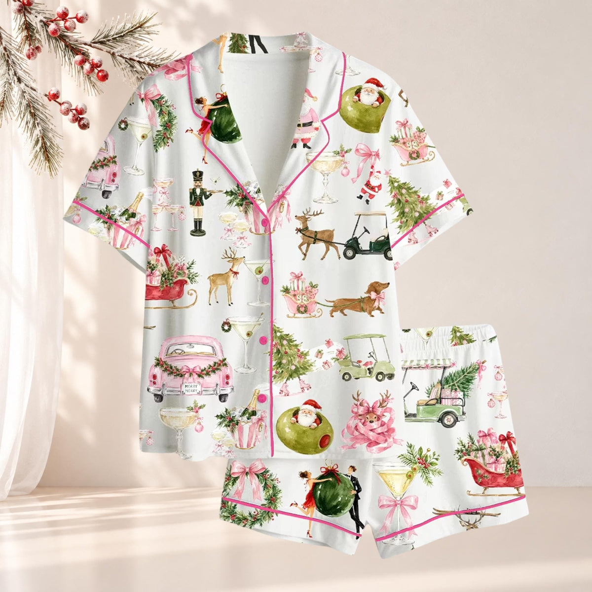 Pink Christmas Pajama Set for Women, Holiday Cocktail Sleepwear, Martini Lover Gift, Festive PJs