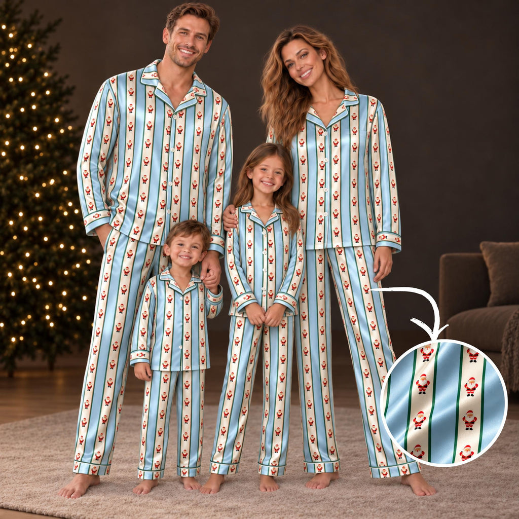 Matching Family Christmas Pajamas, Santa Claus Satin PJs for Adults & Kids, Custom Striped Sleepwear, Family Matching Christmas Pajama Set