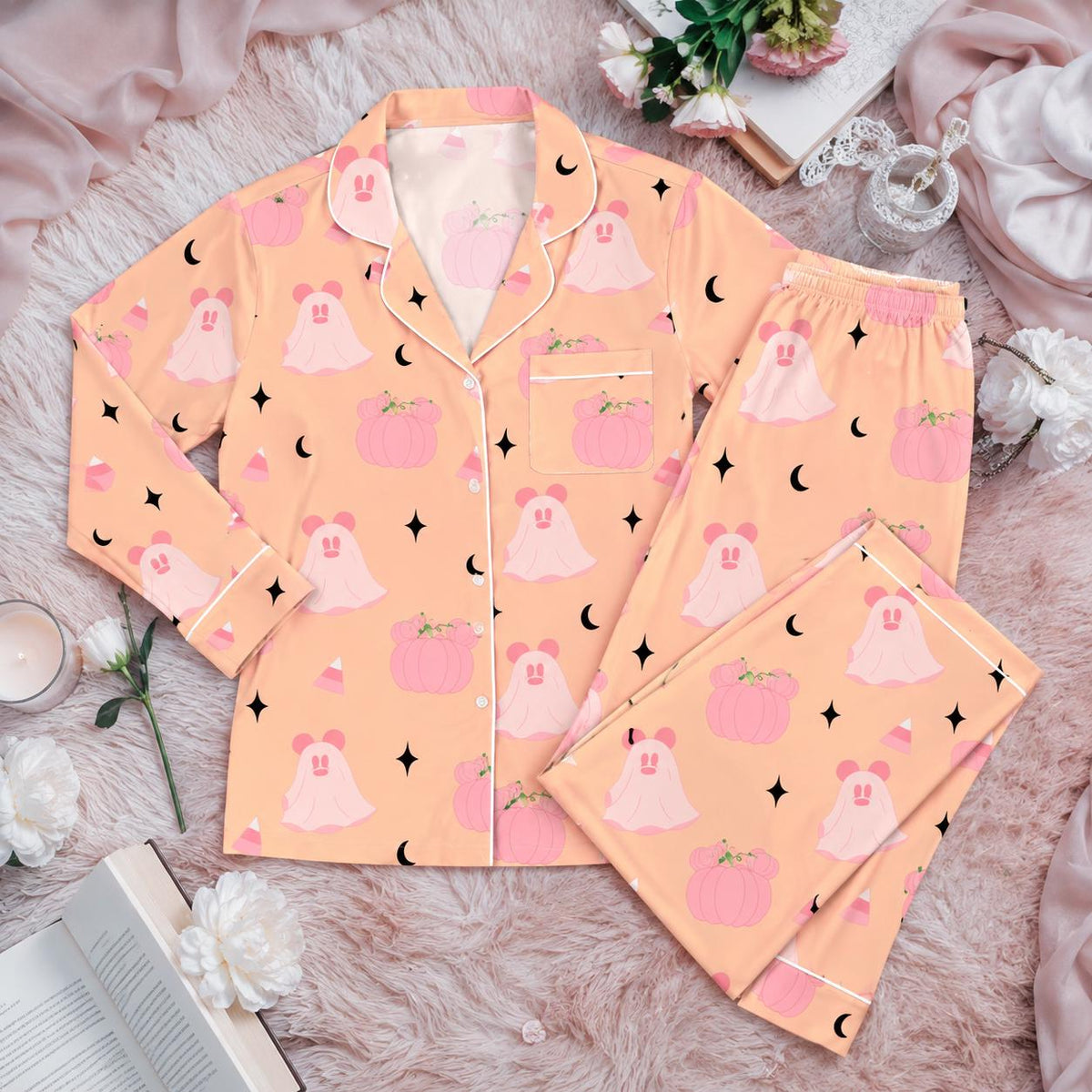 Pink Ghost Pumpkin Pajama Set, Cute Halloween Sleepwear, Pastel Spooky Fall Pajamas, Halloween Matching PJs Disney